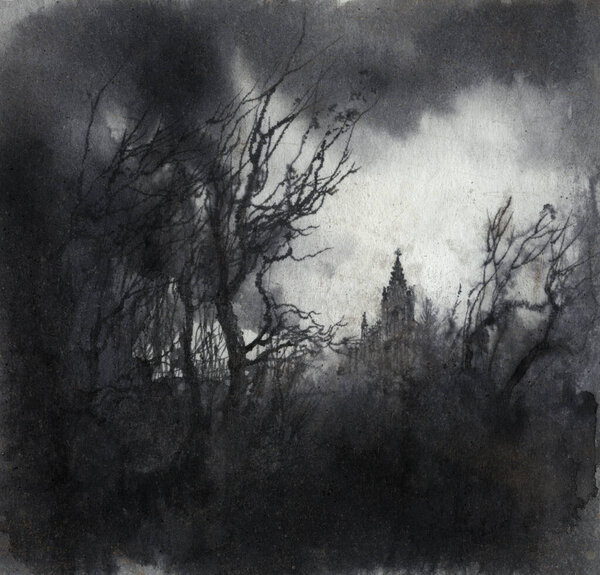 Haunted landscape with dark trees and a Gothic building, ink wash on paper.