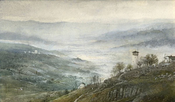 Tepeleri ve uzak manzarası olan sisli panoramik manzara, kâğıt üzerinde kapkara..