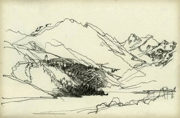 山地风景 用墨水画在纸上 — 图库照片