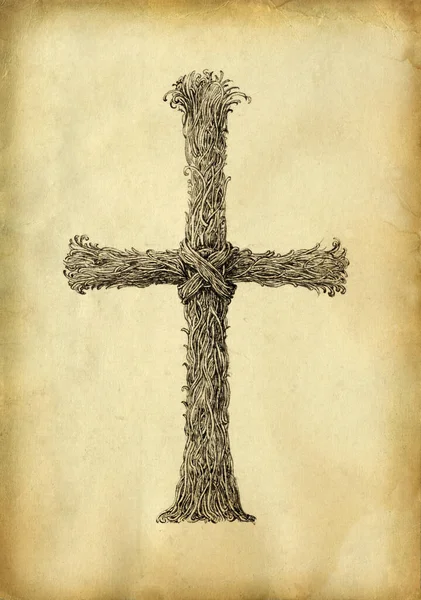 Krzyż Dekoracyjny Rysunek Atramentem Papierze — Zdjęcie stockowe