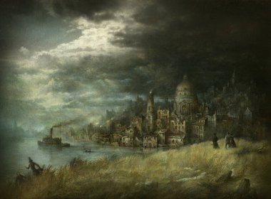 Kasvetli bir manzarayla harap olmuş eski bir kasaba fırtınalı gökyüzüne karşı, kağıt üzerinde akrilik ve düzenleme.
