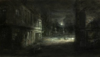 Ürkütücü gece manzarası, kâğıt üzerinde içki ve kurgu..