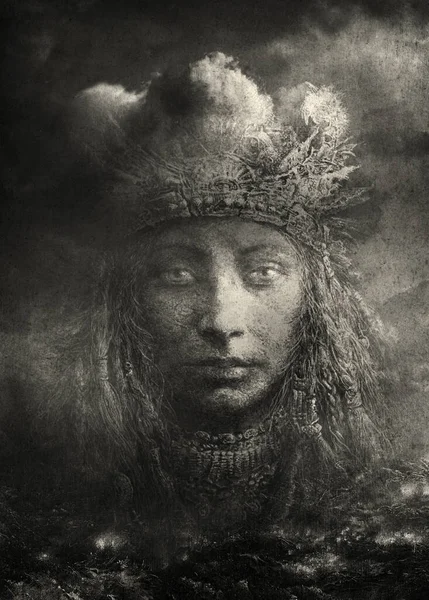 Surrealistyczny Portret Prostej Kobiety Pogańskim Nakryciu Głowy Pogańską Fryzurą Naszyjnikiem — Zdjęcie stockowe
