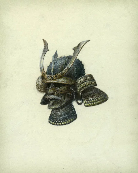 Casco Samurai Japonés Medieval Con Mascarilla Facial Acrílico Sobre Papel —  Fotos de Stock