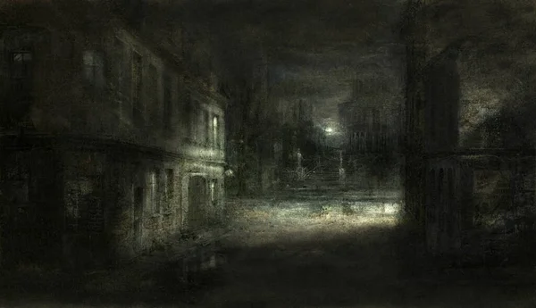不気味な夜の街並み 紙の上のテンペラと編集 — ストック写真