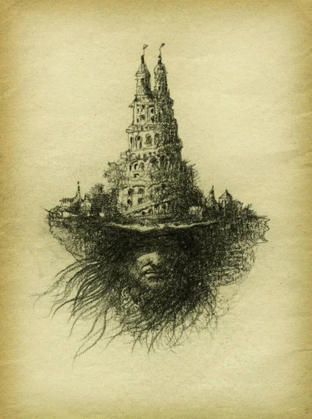 Retrato Surrealista Hombre Con Una Torre Fantasía Como Tocado Lápiz — Foto de Stock