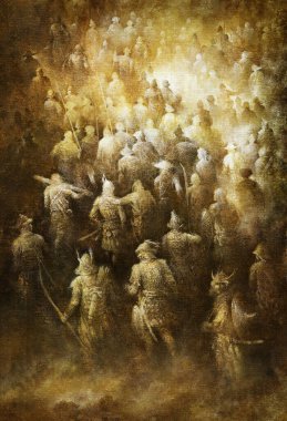 Büyük bir ortaçağ savaşçıları grubu tozlu bir yolda yürüyor, kağıt üzerinde akrilik, hafifçe düzenlenmiş.