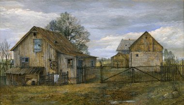 Köyün avlusunda kırsal evler ve ahırlar, kağıt üzerinde kiraz.