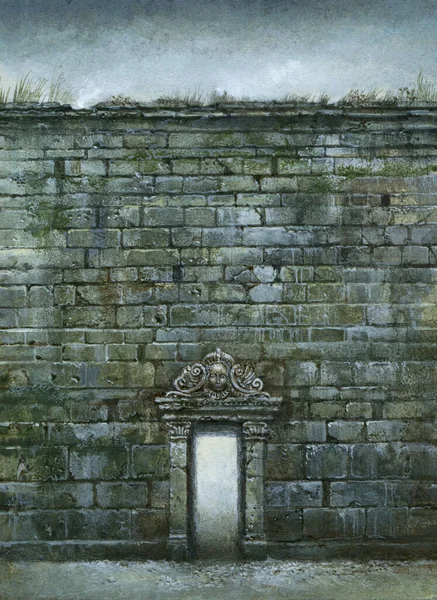 Antigua Pared Piedra Con Una Puerta Acrílico Sobre Papel — Foto de Stock