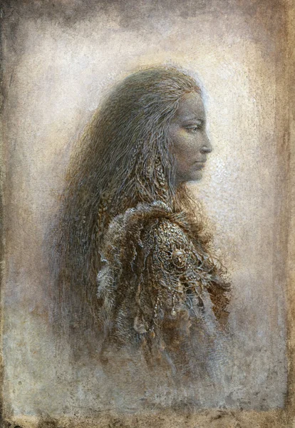 Etnik giyimli bir kadının minyatür portresi, kağıt üzerinde akrilik..