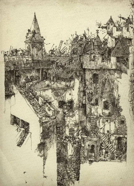 手工绘制的中世纪城堡围攻的详细图纸 油墨在纸上 — 图库照片