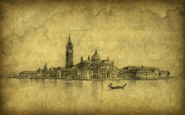 威尼斯San Giorgio Maggiore的旧式绘画 铅笔在纸上 稍加编辑 — 图库照片