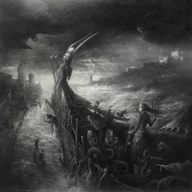 Ürkütücü Gotik sahne gerçeküstü ve kabus gibi detaylarla dolu, kağıt üzerinde akrilik ve düzenleme.