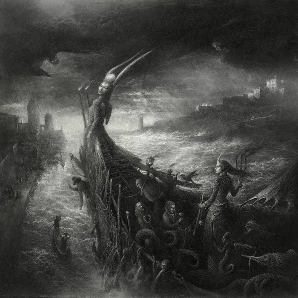 Ürkütücü Gotik sahne gerçeküstü ve kabus gibi detaylarla dolu, kağıt üzerinde akrilik ve düzenleme.