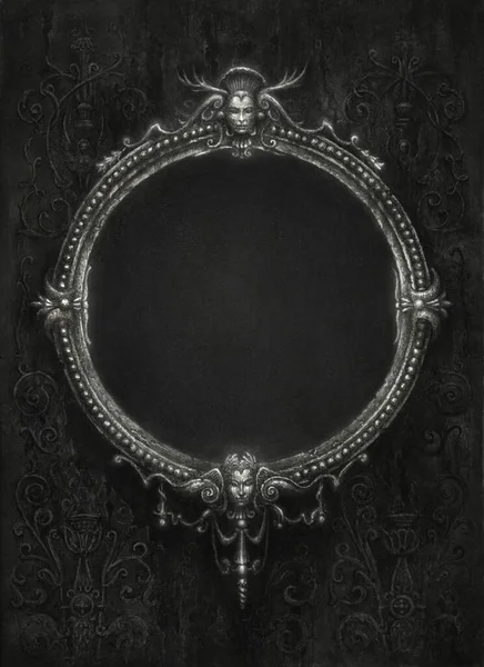 Richly ornate Baroque frame with a black textured background inside, acrylic on paper and editing.