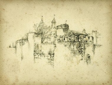 Londra Kulesi 'nin eski el yapımı çizimi, kağıt üzerine kalem, ince düzenlenmiş..