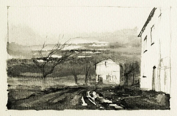 肮脏的道路 白色的建筑物 干枯的树木和闷热的天空 墨水在纸上的风景 — 图库照片