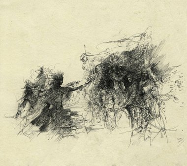 Bir fantezi dövüşünün sanatsal el yapımı çizimi, kağıt üzerine mürekkep..