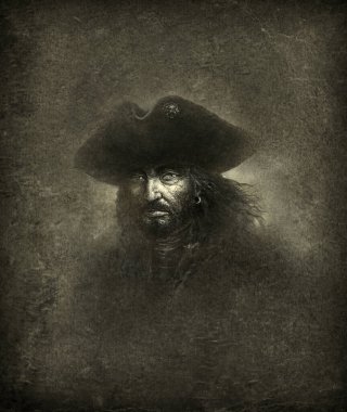 Handmade portrait of a 18th century pirate, acrylic on paper and editing. clipart