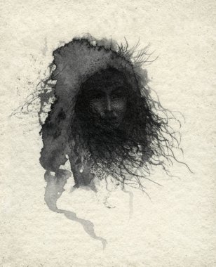 Büyücü bir kadının sanatsal çizimi ve kalemi..