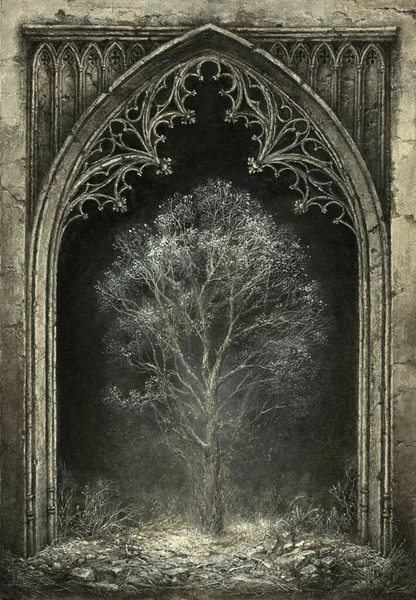 Handmade Acrylic Drawing Gothic Arch Fantasy Tree — Stock Photo, Image