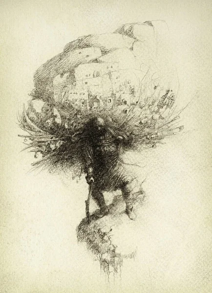 Ağır Bir Yük Taşıyan Bir Adamın Yapımı Kalem Çizimi — Stok fotoğraf