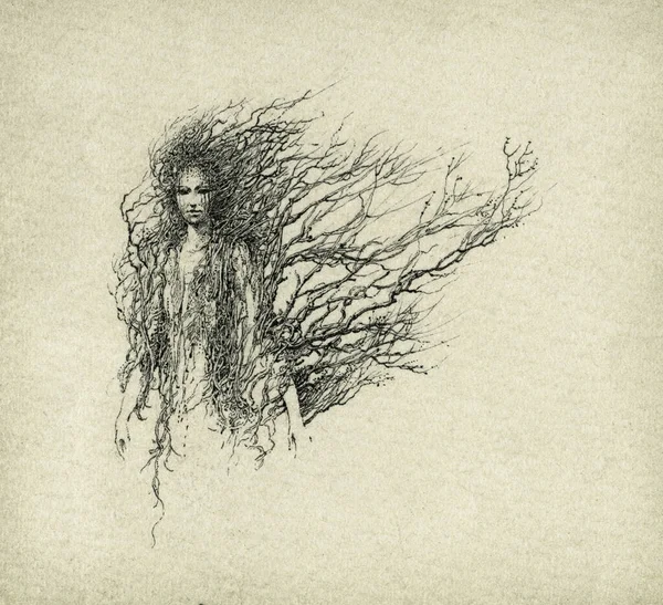 Desenho Tinta Artística Uma Mulher Parecida Com Uma Dryad — Fotografia de Stock