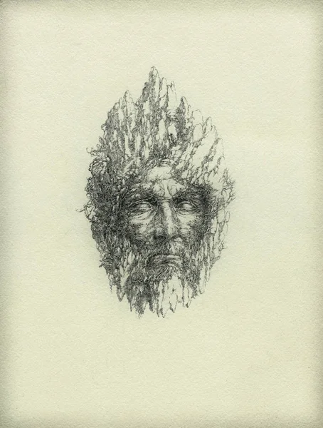 芸術ペンと男の頭の岩の水墨画 — ストック写真