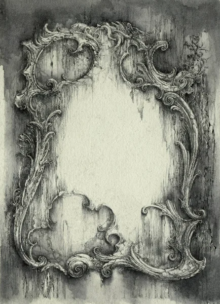 Artistic Pen Ink Drawing Rococo Curved Frame Ink Paper — Stock Photo, Image