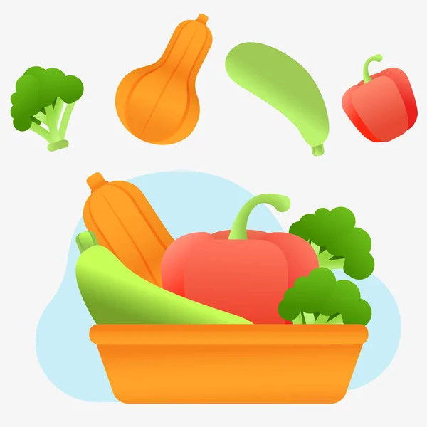 Verduras Frescas Placa Naranja Ilustración Vectorial Iconos Vegetales Gradiente Vectorial — Vector de stock