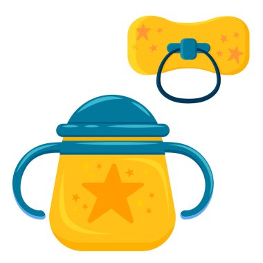 Yıldız. Beslenme kiti. Emzik, şişe. Bebek beslenme kiti. Beslenme şişesi. Beslenme kiti. İlk yemek. Şişeler. Vektör illüstrasyonu. 