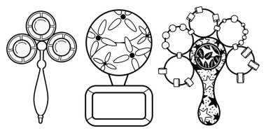 Çıngırak seti. Katılım çizimi. Bebek için boyama. Vektör siyah ve beyaz boyama kitabı sayfası.