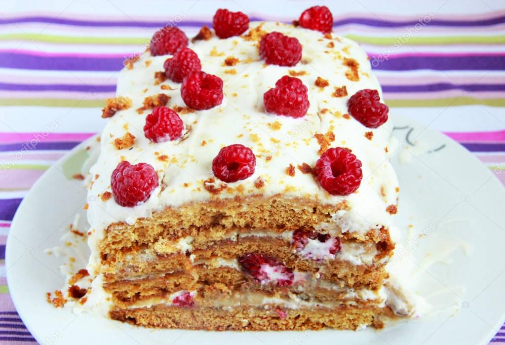 Homemade honey cake with raspberry