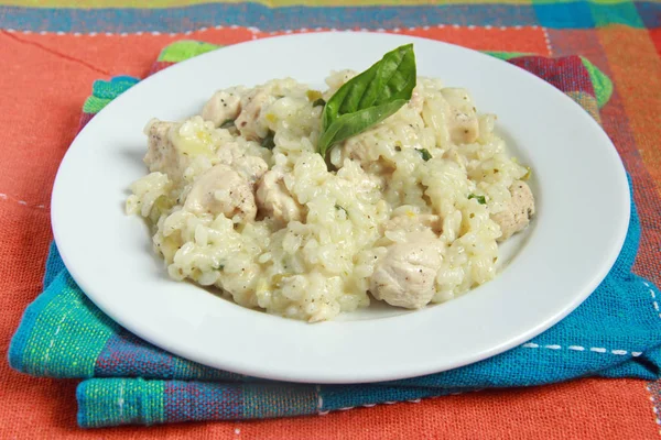 Creamy risotto with chicken and basil — Stock Photo, Image