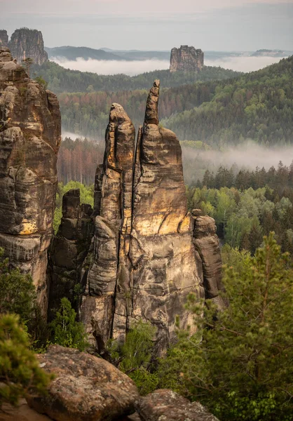 Zonsopgang Saksisch Zwitserland Brosinnadel Saksen Duitsland Stockfoto