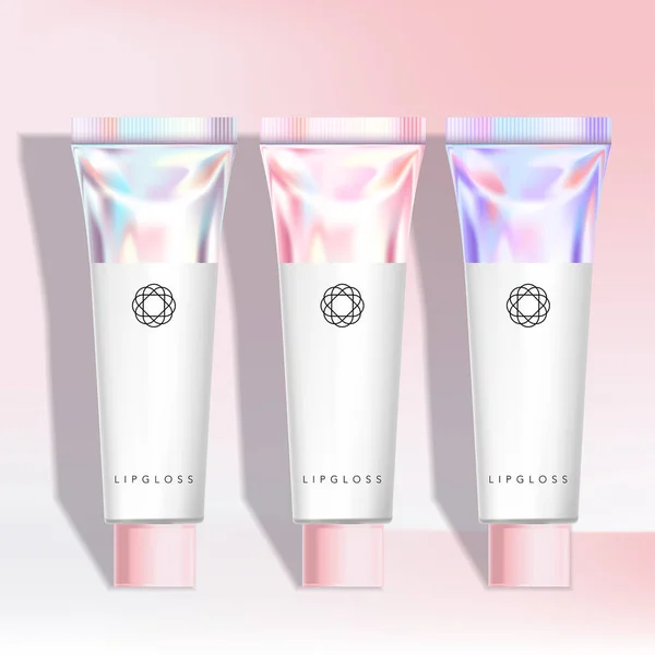 Vector Lip Gloss Exfoliator Tint Stain Hand Cream Tube Holographic — стоковий вектор