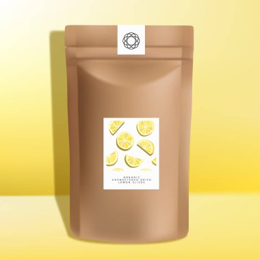 Vektör Kraft Kağıt Fermuar Kesesi veya Sachet Paketi, Kurutulmuş Limon Dilimleri Atıştırmalık Tasarımı