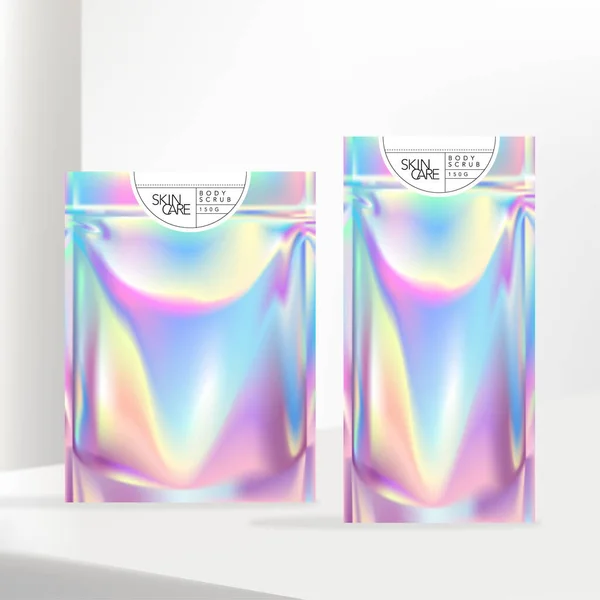 Vektör Holografik veya Parlak Neon Fermuar Kesesi veya Beyaz Etiketli Sachet