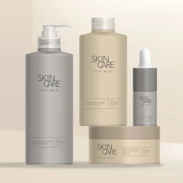 Vektör Mens Tuvalet Malzemeleri ve Skincare Damla Şişe, Vida Kapağı Şişe, Pompa ve Kavanoz Paketleme