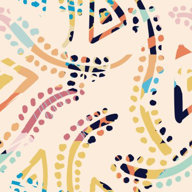 Pastel Mercan Arkaplanda Üçgen ve Botanik Elementlere sahip Vektör Parlak Soyut Boya Deseni