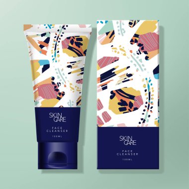 Moda Soyut Desen Tasarımı ile Vektör El Kremi veya Temizleyici Tüpü ve Kutu Paketi