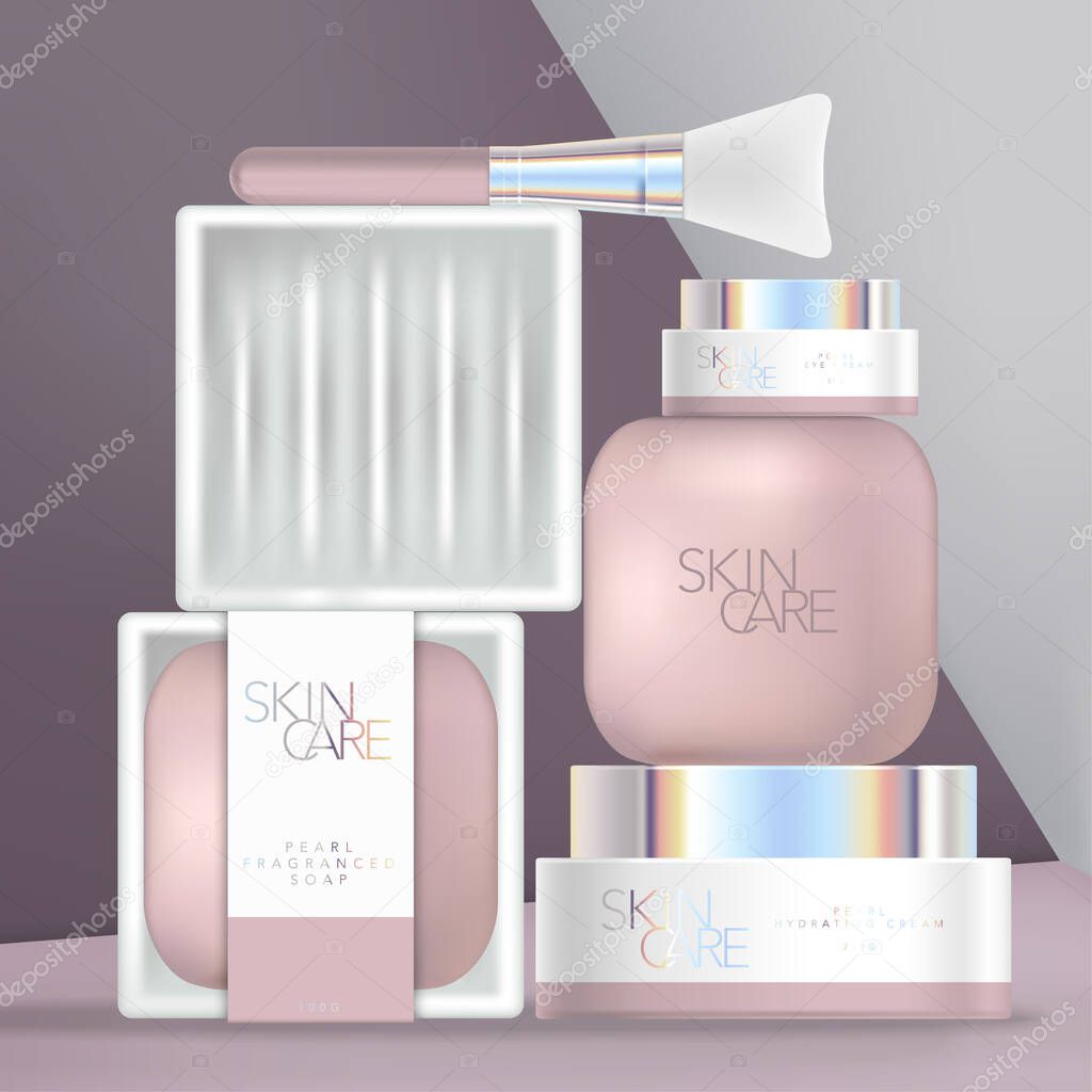 Vector Holographic Beauty or Bathing Packaging Set with Soap, Ceramic Dish, Spatula and Screw Cap Jars