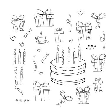 Kutlama için nesneler: pasta, mumlar, tatlılar, beyaza çizilmiş eller.