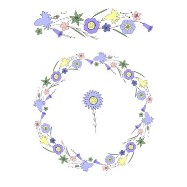 Çiçek tarağıyla el çizimi çiçek çelengi şablonu