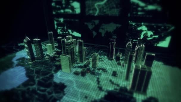 Cybernetic City Hologram Flyover se muestra en la parte superior de la computadora portátil con infografías futuristas y mapas — Vídeo de stock