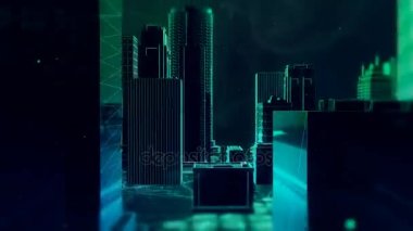 Yeşil ve mavi renkli çizgiler içinde teknoloji grafik ile sanal şehir üzerinde uçan