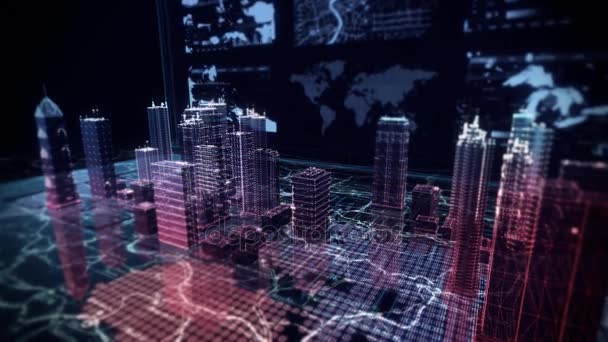 Virtuele stad luchtfoto Drone vlucht simulatie op cybernetische ruimte deel 1 — Stockvideo