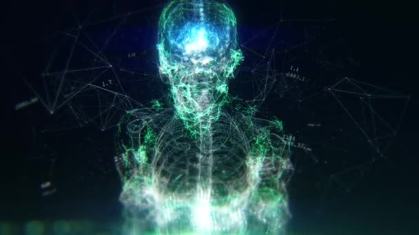 人工知能デジタル脳とデータを示すフルボディセンサー ディープラーニングコンピュータマシン 3Dニューラルネットワーク接続を持つ人間のアバター — ストック動画