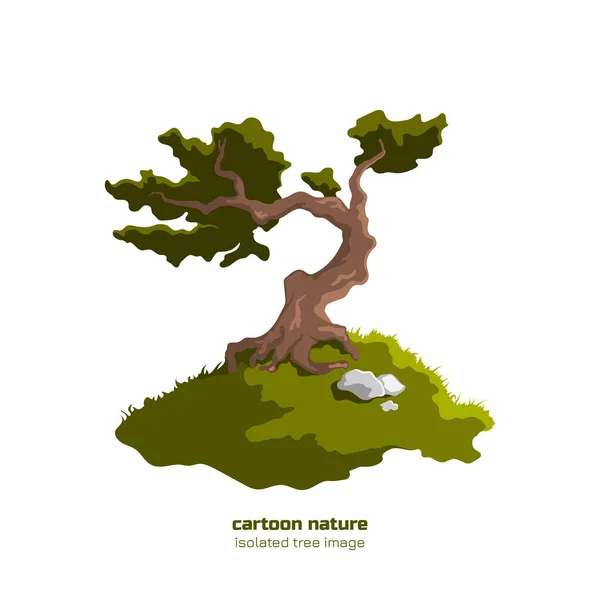 孤立した森の木 古いオークとファンタジーの風景 白を基調とした漫画風の盆栽 ベクターイラスト — ストックベクタ