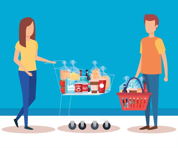 couple with shopping cart and shopping basket in super market